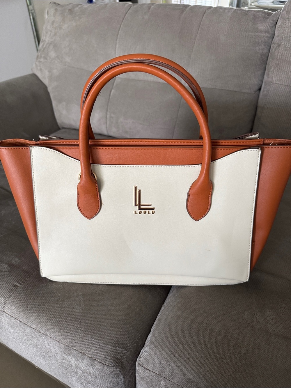 LOULU Two-Tone Cream and Tan Leather Tote Bag
